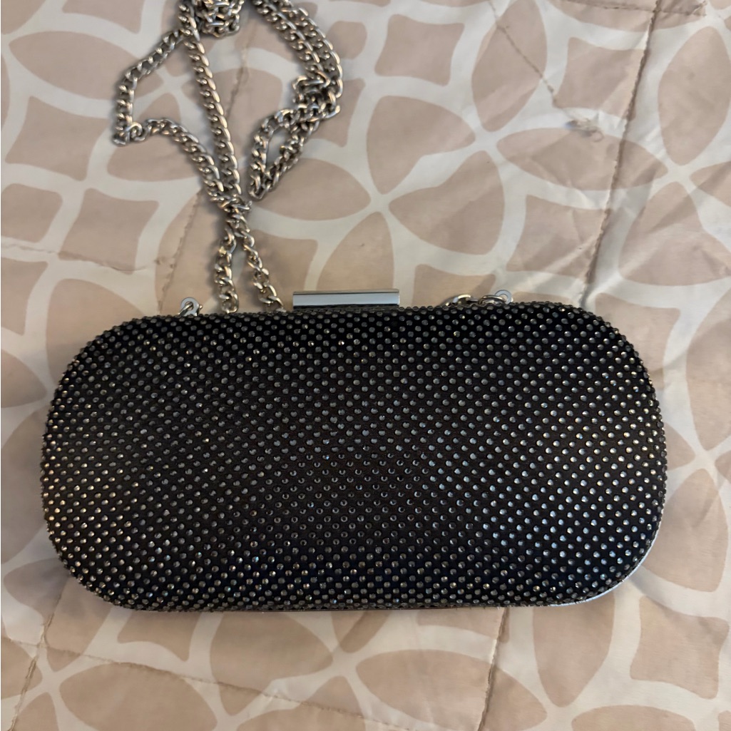 Bartley Mischa Crystal-Embellished Black Evening Clutch With Silver Chain